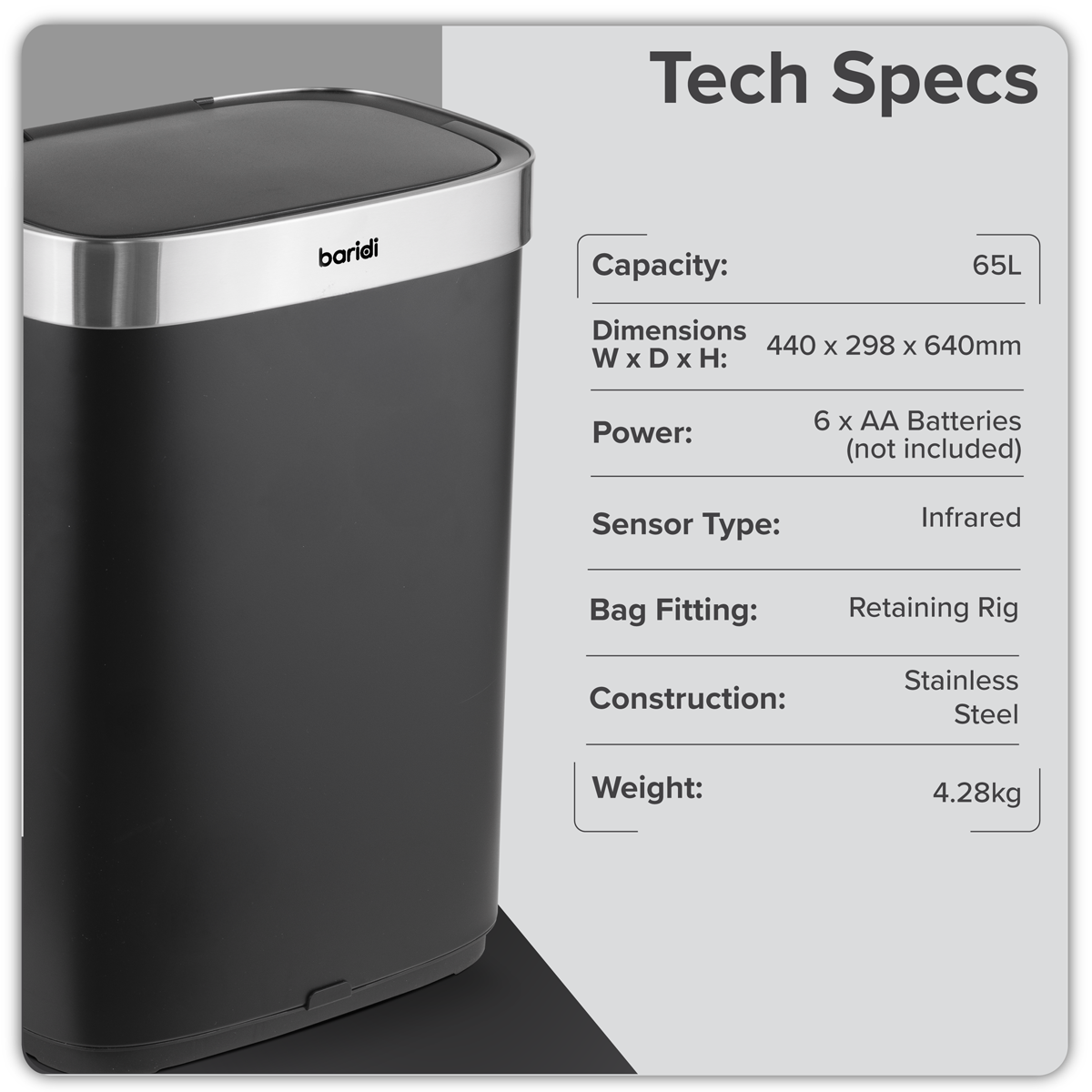 Baridi DH282 Baridi Sensor Bin 65L - Black/Stainless Steel