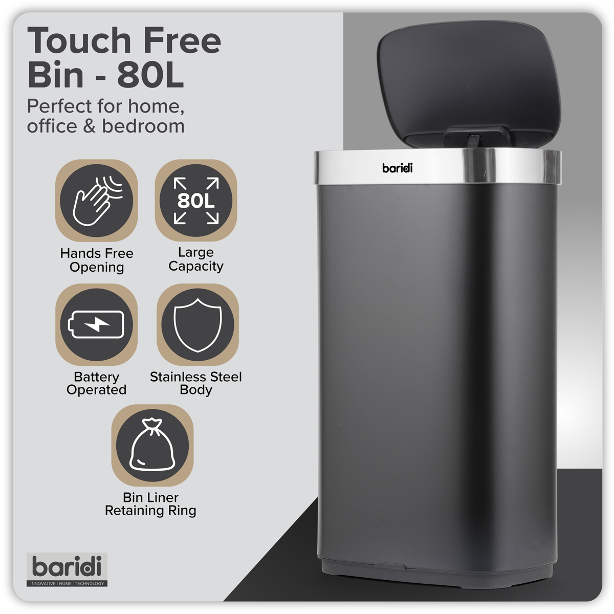 Baridi DH283 Baridi Sensor Bin 80L - Black/Stainless Steel