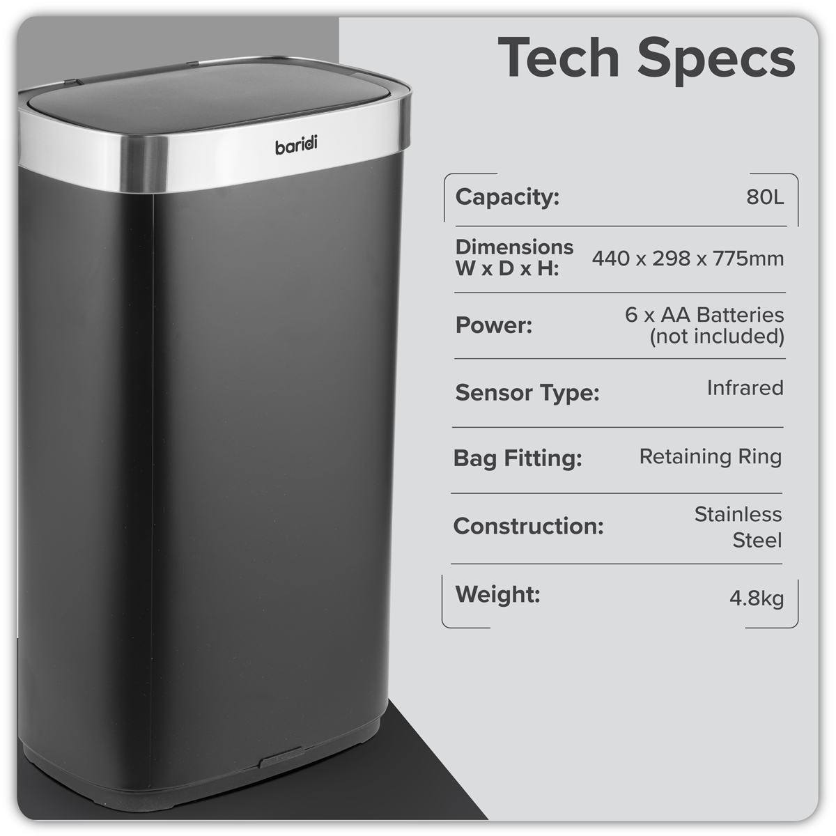 Baridi DH283 Baridi Sensor Bin 80L - Black/Stainless Steel