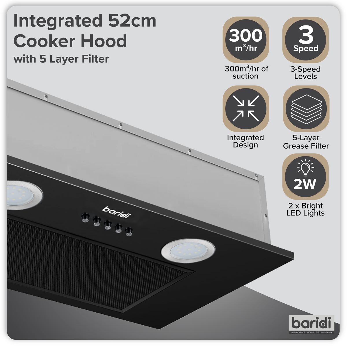 Baridi DH285 Baridi Cooker Hood with 5 Layer Filter 52cm - Black