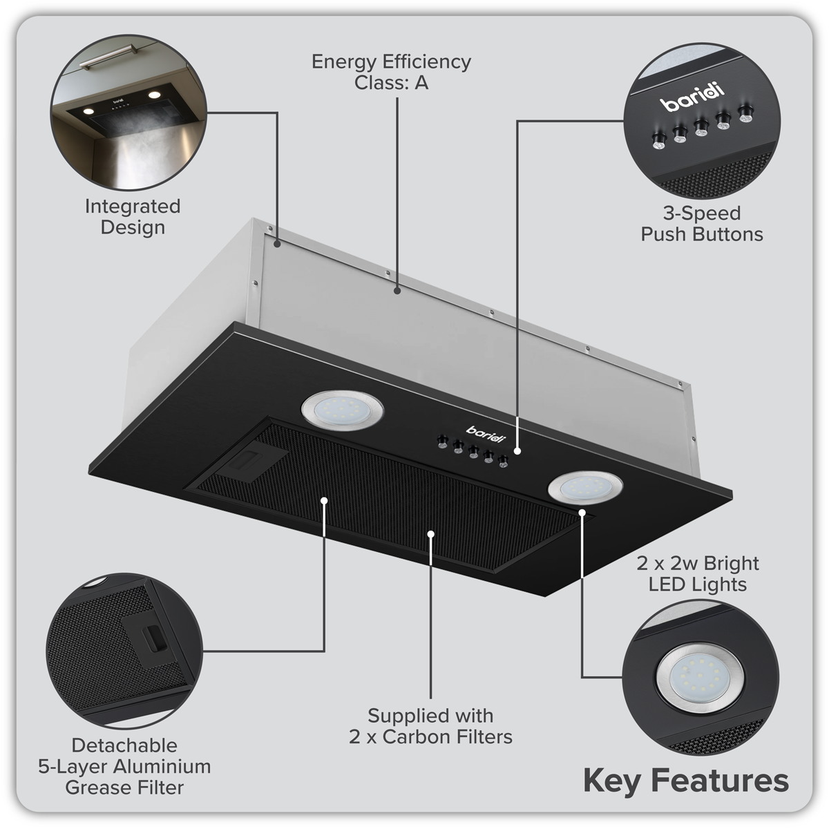 Baridi DH285 Baridi Cooker Hood with 5 Layer Filter 52cm - Black