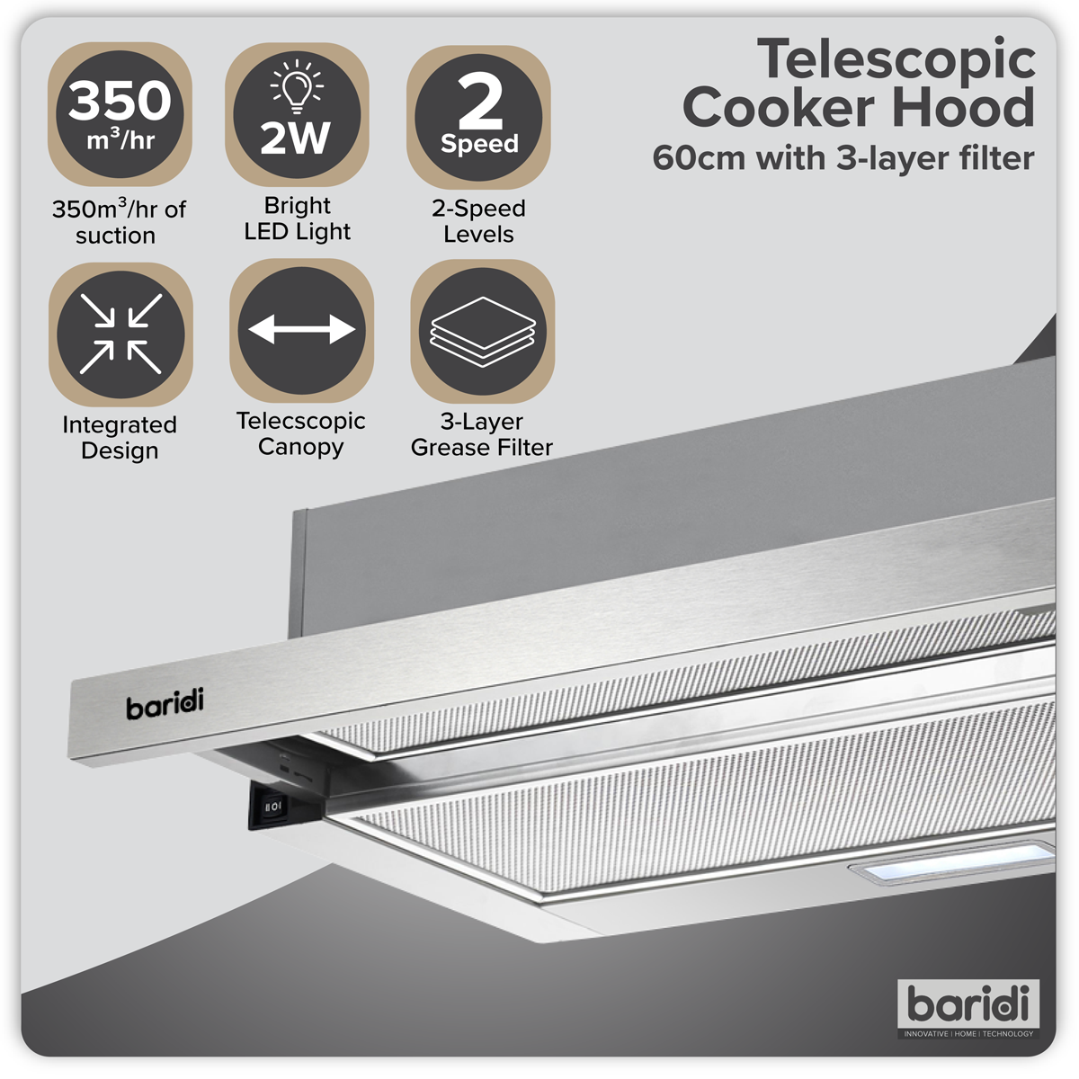 Baridi DH286 Baridi Telescopic Cooker Hood with Aluminium Filters 60cm - Stainless Steel