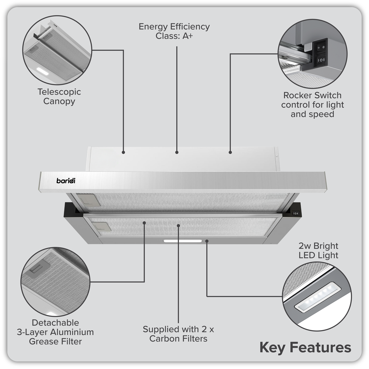 Baridi DH286 Baridi Telescopic Cooker Hood with Aluminium Filters 60cm - Stainless Steel