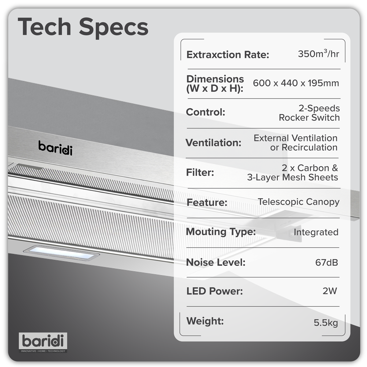 Baridi DH286 Baridi Telescopic Cooker Hood with Aluminium Filters 60cm - Stainless Steel