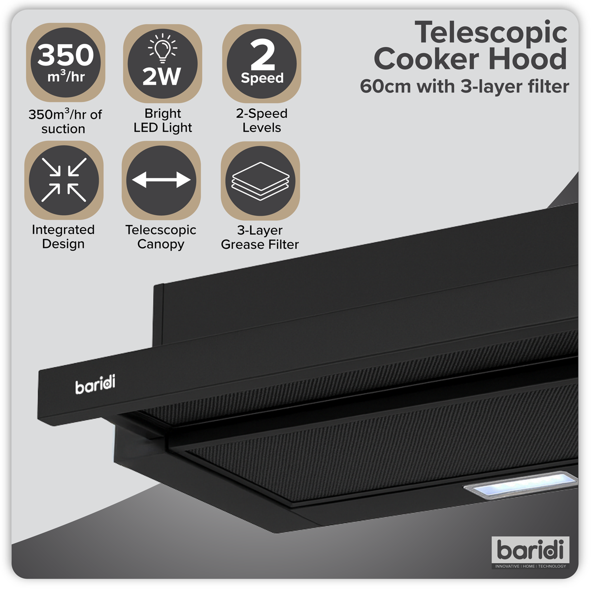 Baridi DH287 Baridi Telescopic Cooker Hood with Aluminium Filters 60cm - Black