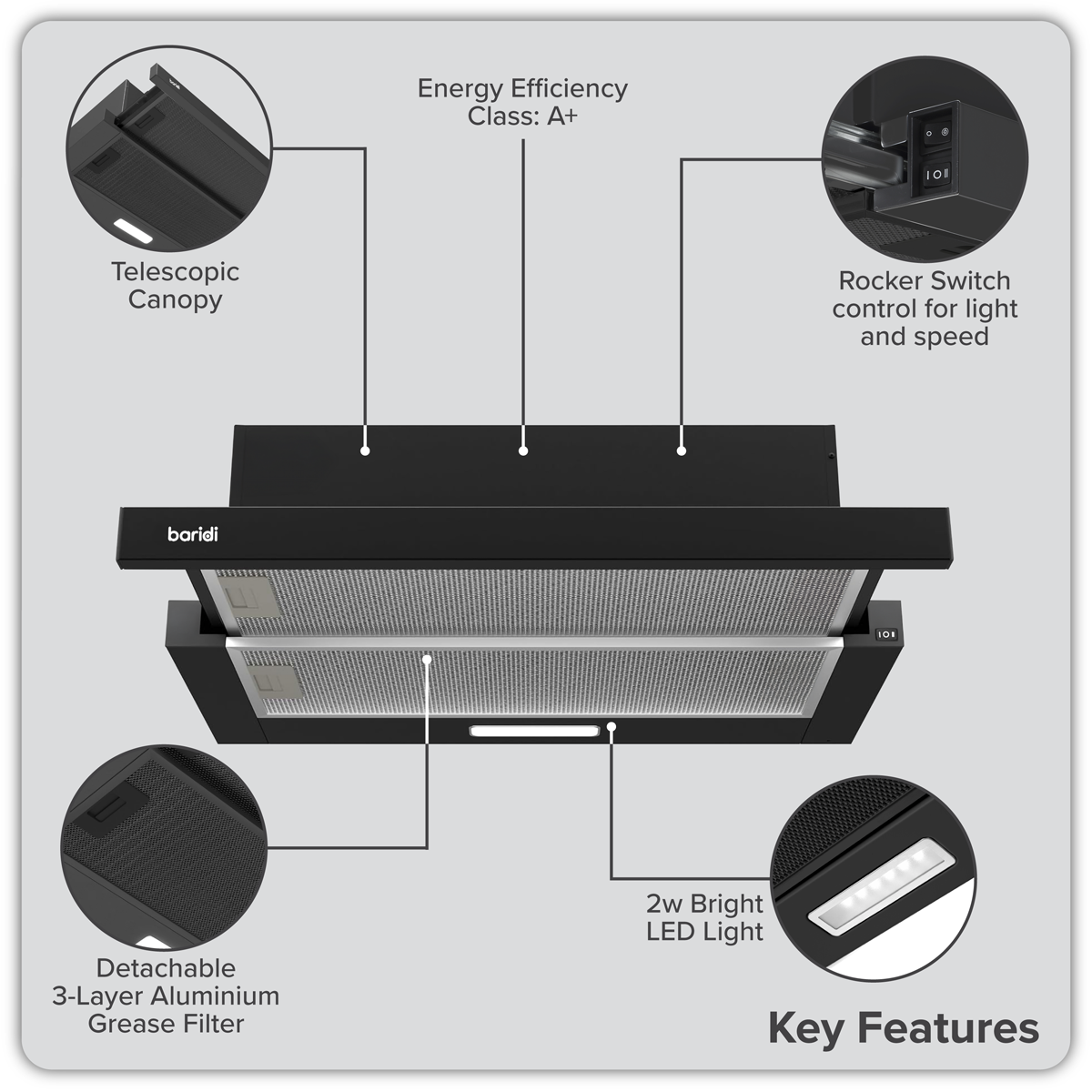 Baridi DH287 Baridi Telescopic Cooker Hood with Aluminium Filters 60cm - Black