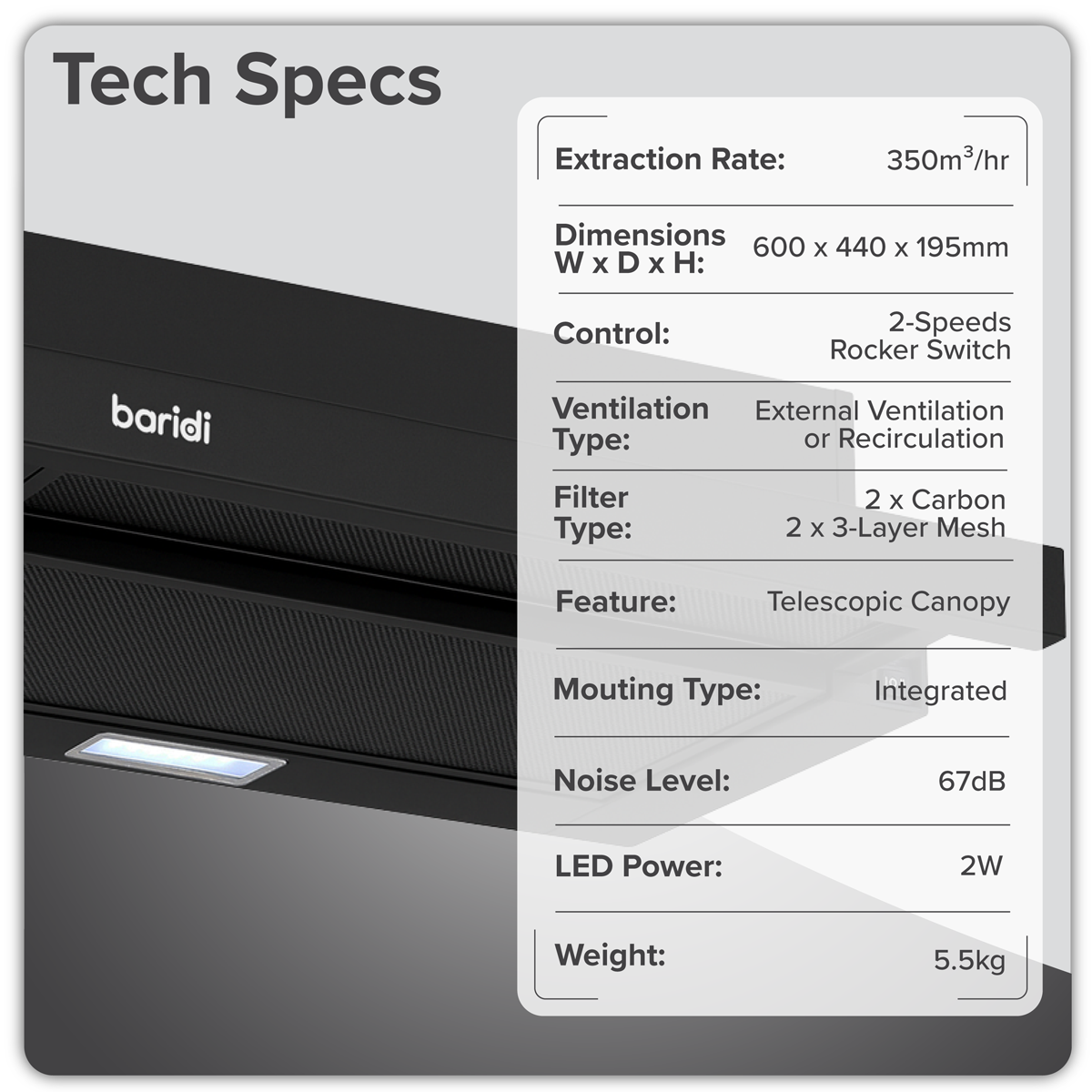 Baridi DH287 Baridi Telescopic Cooker Hood with Aluminium Filters 60cm - Black