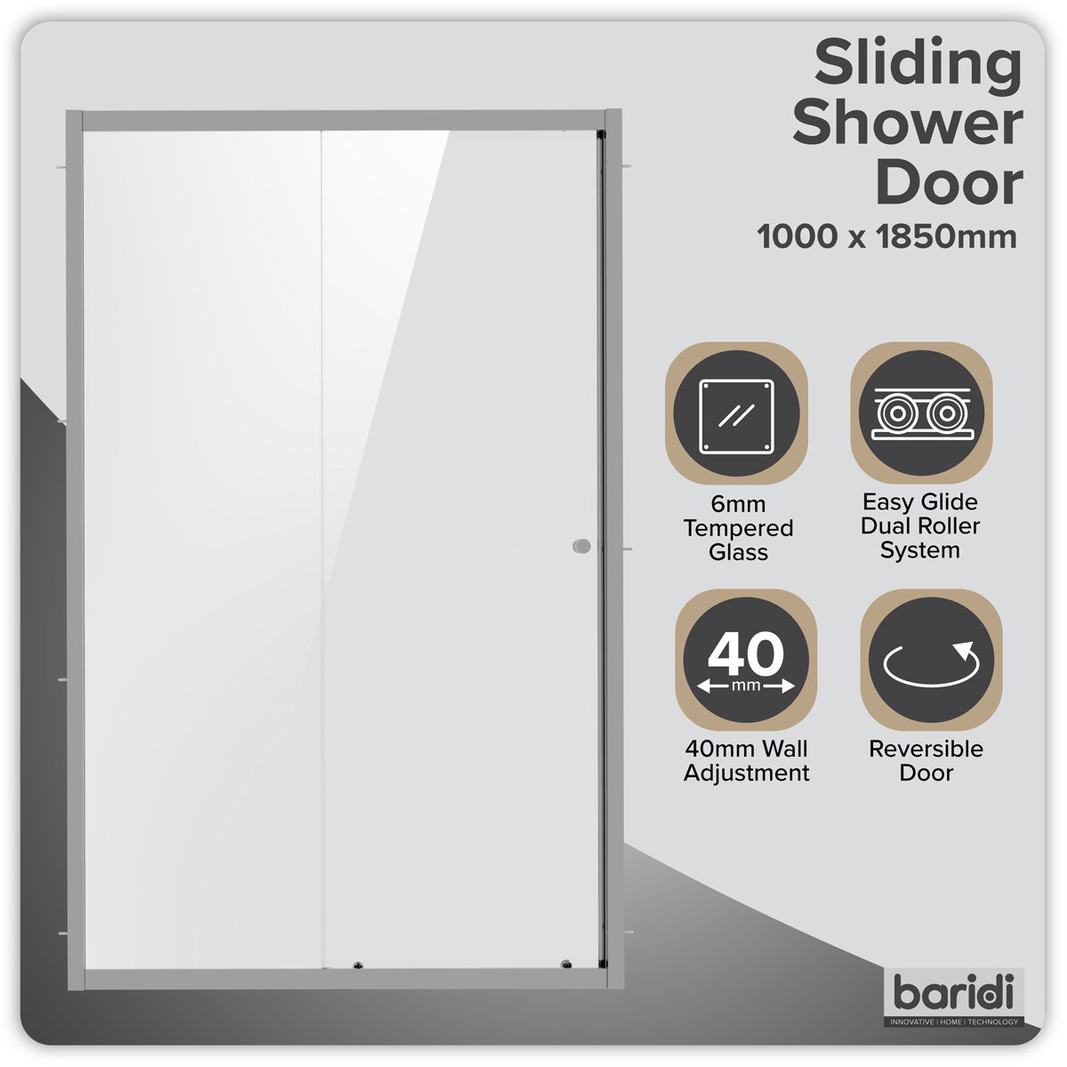 Baridi DH292 Sliding Shower Door 1000 x 1850mm, 6mm Tempered Glass, Reversible - Chrome