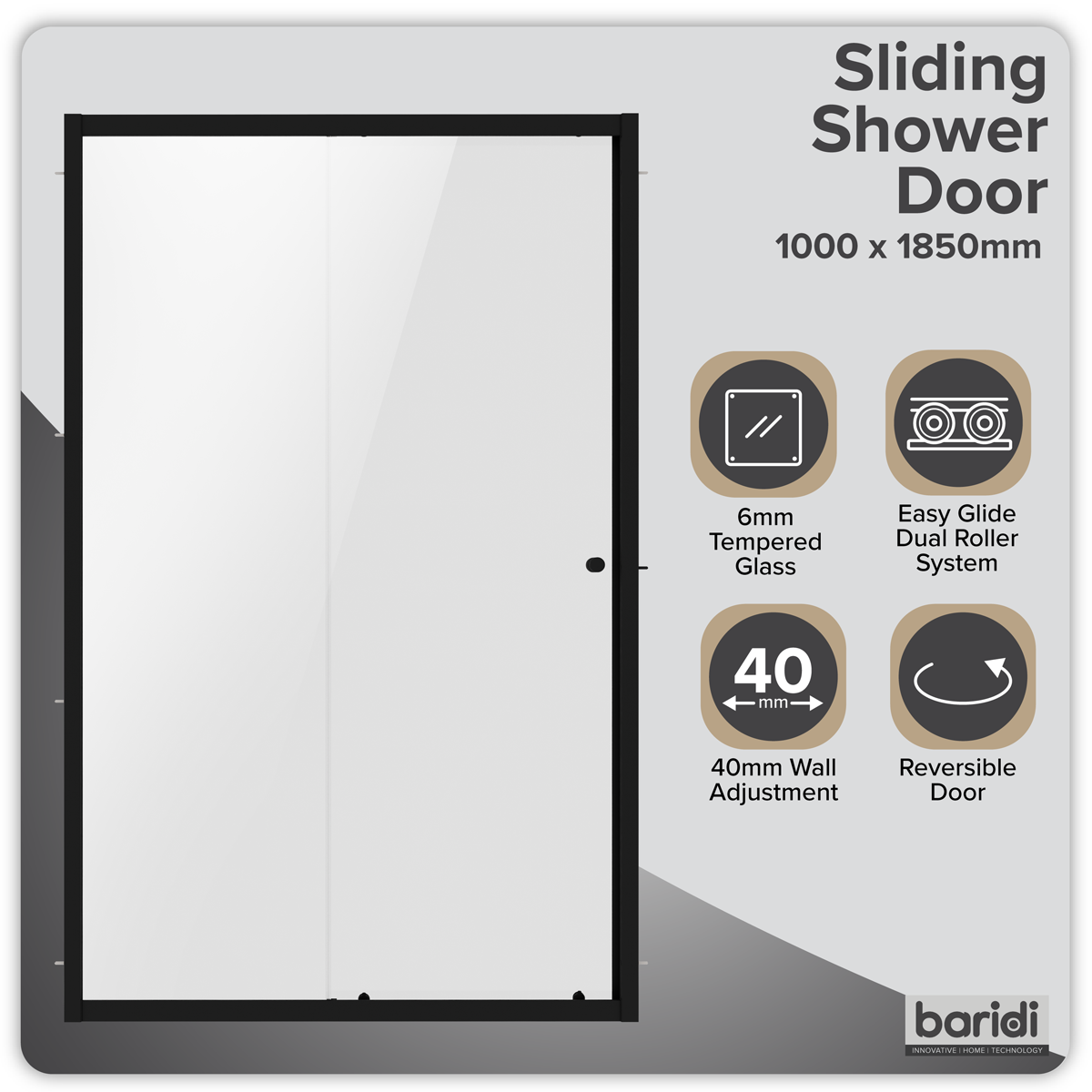 Baridi DH293 Sliding Shower Door 1000 x 1850mm, 6mm Tempered Glass, Reversible - Black