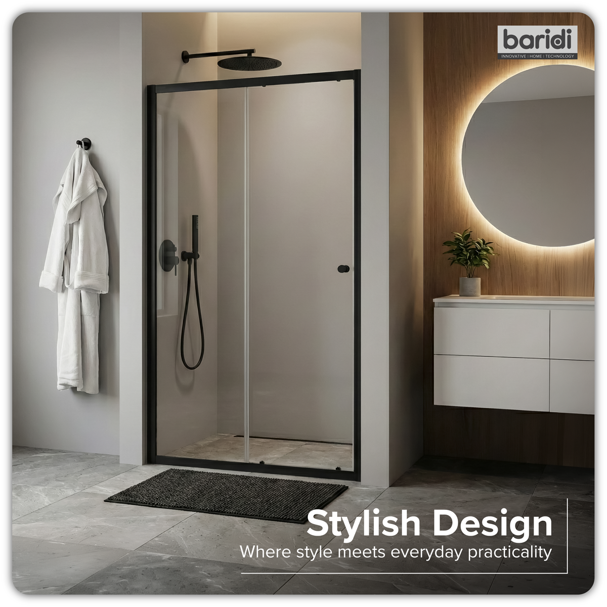 Baridi DH293 Sliding Shower Door 1000 x 1850mm, 6mm Tempered Glass, Reversible - Black