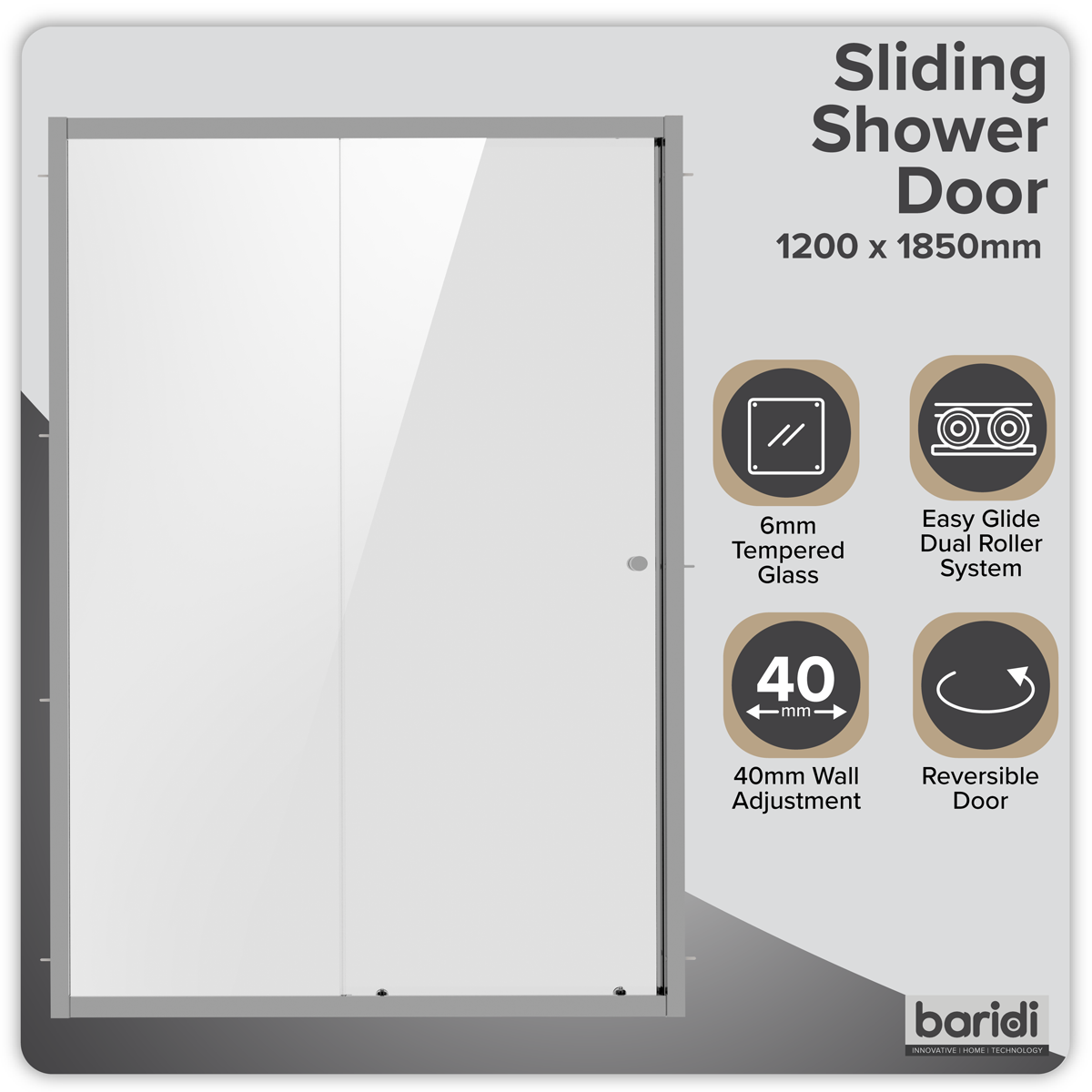 Baridi DH294 Sliding Shower Door 1200 x 1850mm, 6mm Tempered Glass, Reversible - Chrome
