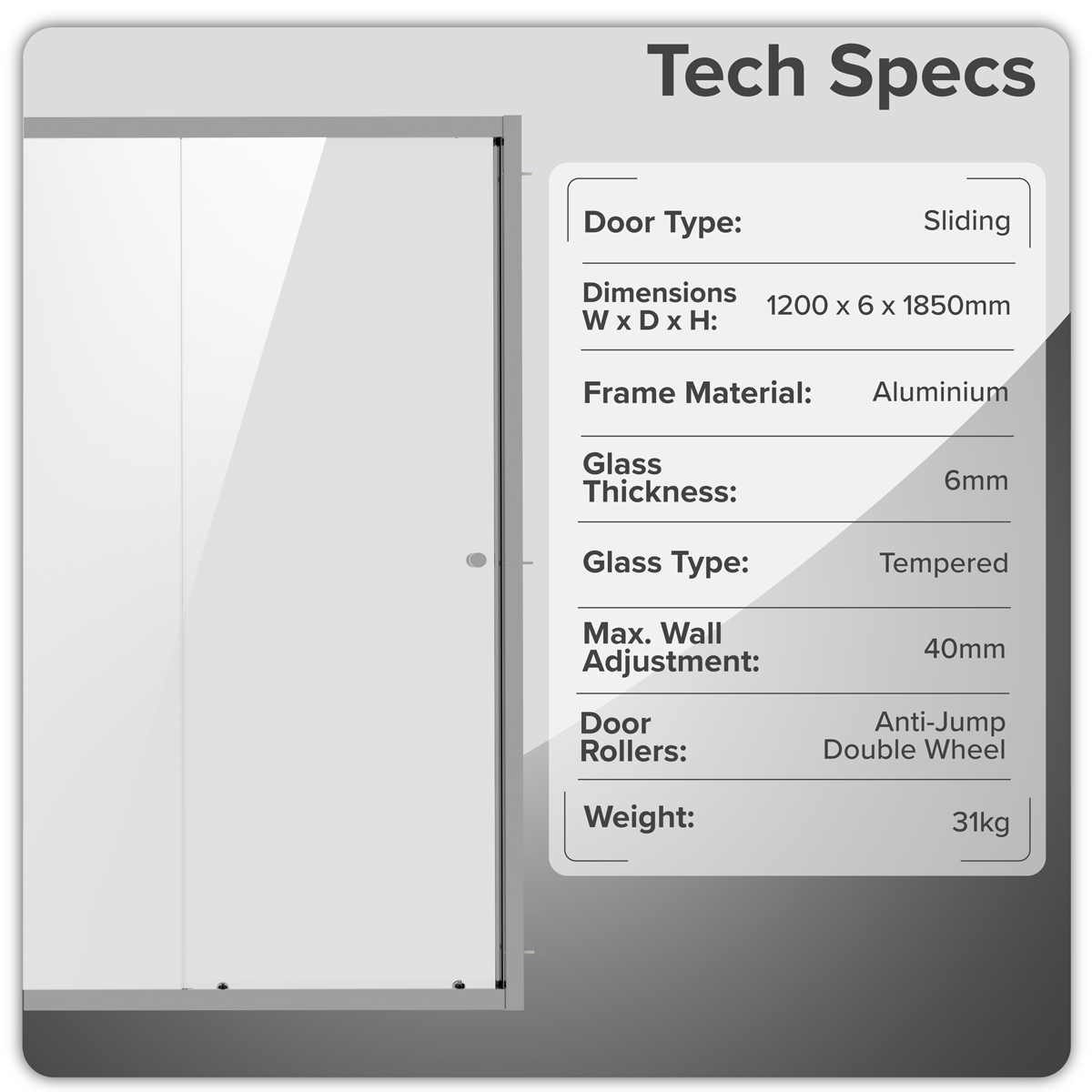 Baridi DH294 Sliding Shower Door 1200 x 1850mm, 6mm Tempered Glass, Reversible - Chrome
