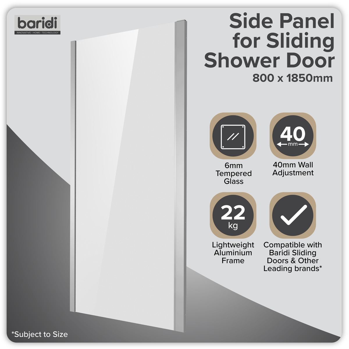 Baridi DH296 Baridi Side Panel for Sliding Shower Doors, 6mm Tempered Glass - Chrome