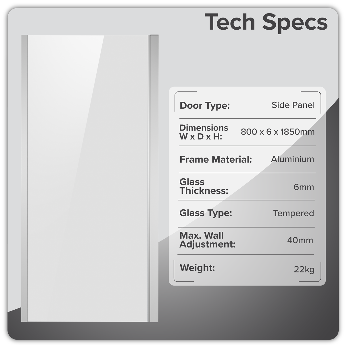 Baridi DH296 Baridi Side Panel for Sliding Shower Doors, 6mm Tempered Glass - Chrome