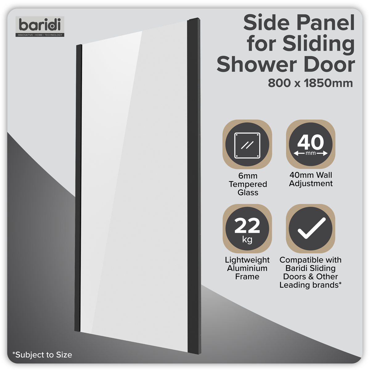 Baridi DH297 Side Panel for Sliding Shower Doors, 6mm Tempered Glass - Black