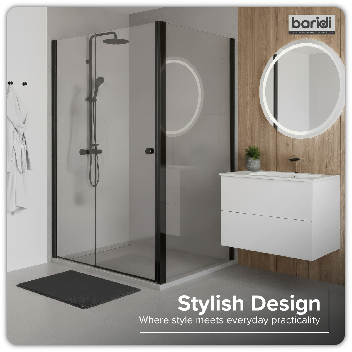 Baridi DH297 Side Panel for Sliding Shower Doors, 6mm Tempered Glass - Black