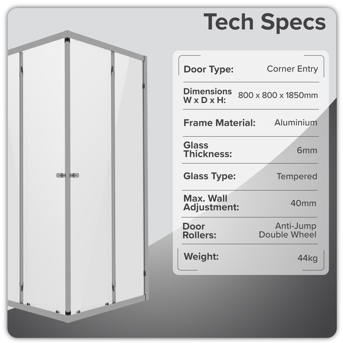 Baridi DH298 Corner Shower Entry Enclosure 800 x 800 x 1850mm with 6mm Tempered Glass - Chrome