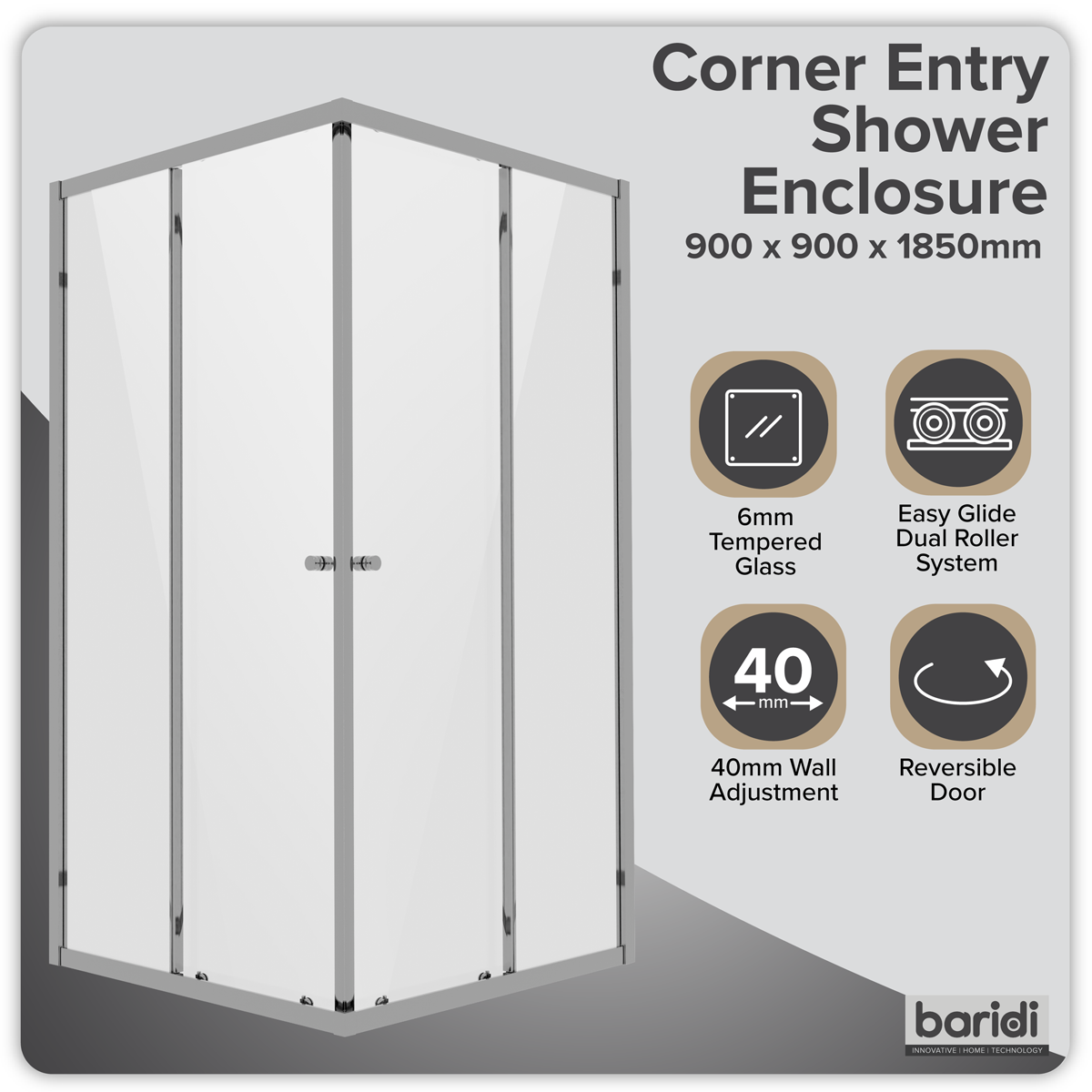 Baridi DH299 Corner Shower Entry Enclosure 900 x 900 x 1850mm with 6mm Tempered Glass - Chrome