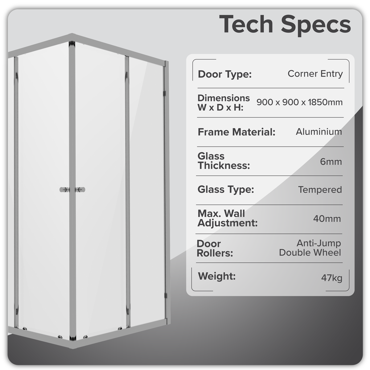 Baridi DH299 Corner Shower Entry Enclosure 900 x 900 x 1850mm with 6mm Tempered Glass - Chrome