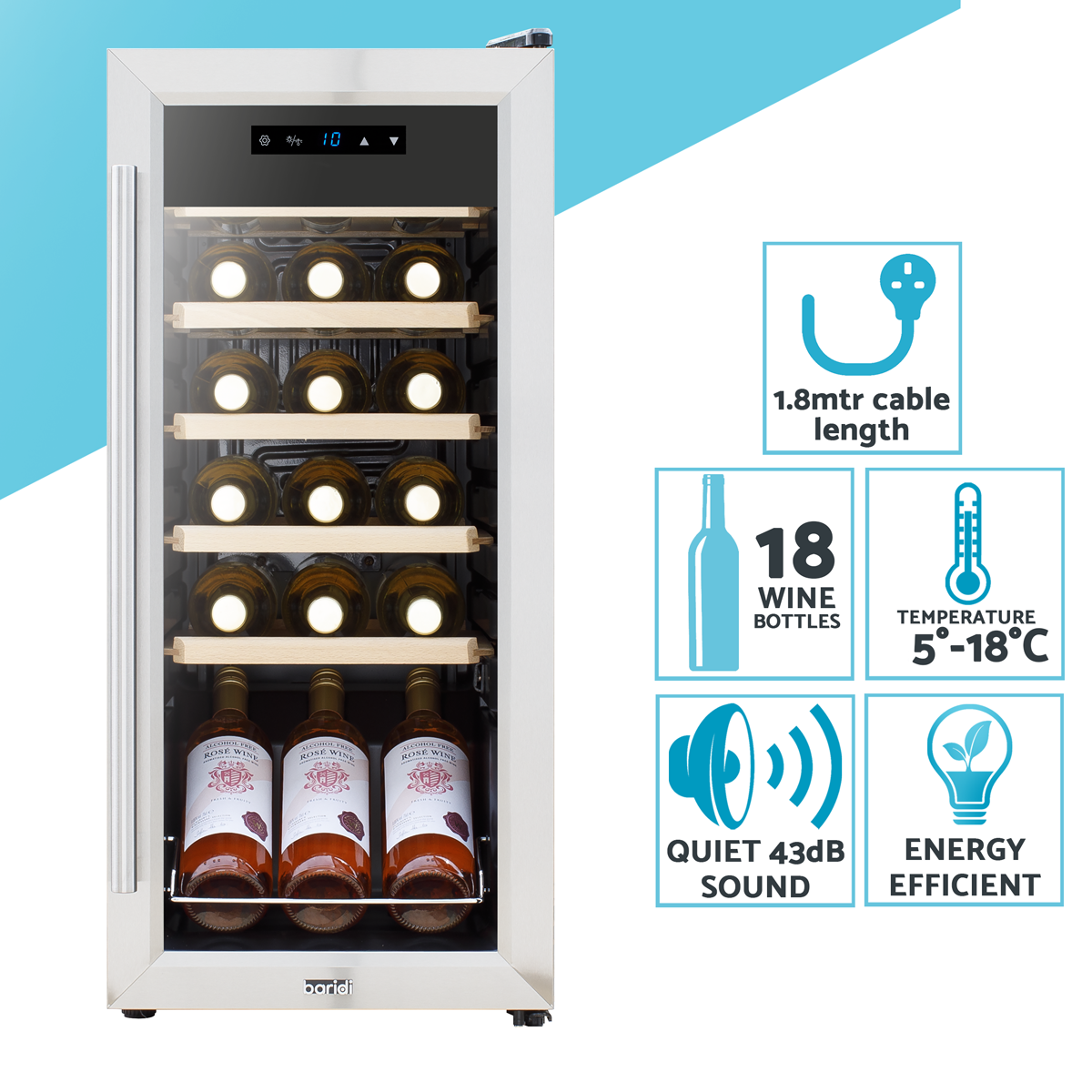 Baridi DH29 Baridi 18 Bottle Wine Fridge with Digital Touch Screen Controls & LED Light - Stainless Steel