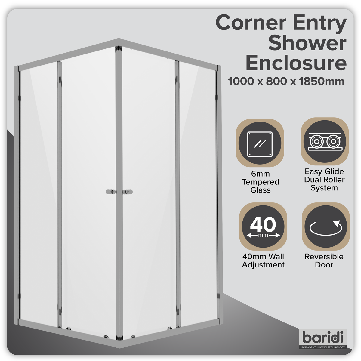 Baridi DH300 Corner Shower Entry Enclosure 1000 x 800 x 1850mm with 6mm Tempered Glass - Chrome