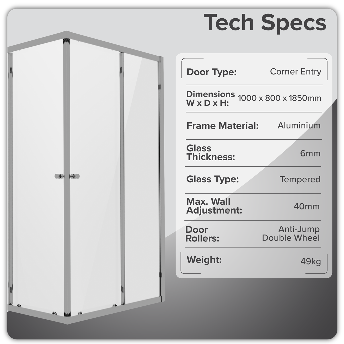 Baridi DH300 Corner Shower Entry Enclosure 1000 x 800 x 1850mm with 6mm Tempered Glass - Chrome