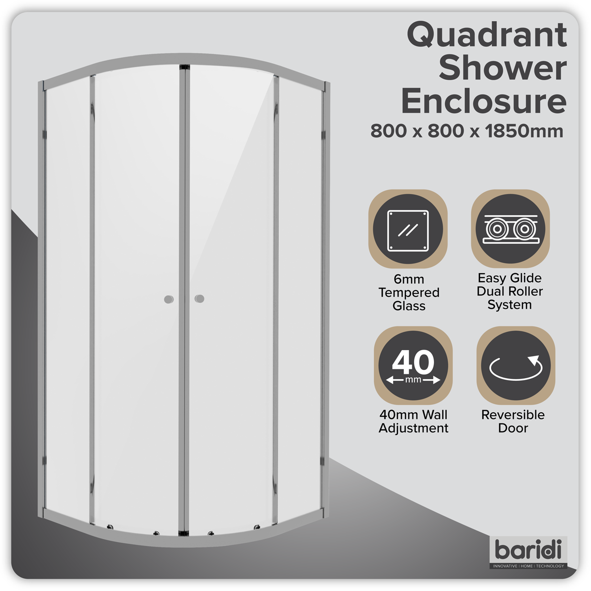 Baridi DH301 Quadrant Shower Entry Enclosure 800 x 800 x 1850mm with 6mm Tempered Glass - Chrome