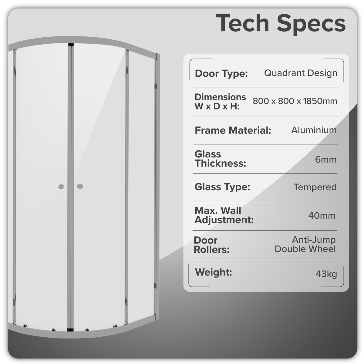 Baridi DH301 Quadrant Shower Entry Enclosure 800 x 800 x 1850mm with 6mm Tempered Glass - Chrome