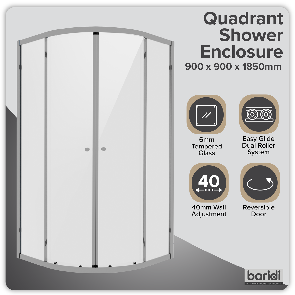 Baridi DH302 Quadrant Shower Entry Enclosure 900 x 900 x 1850mm with 6mm Tempered Glass - Chrome