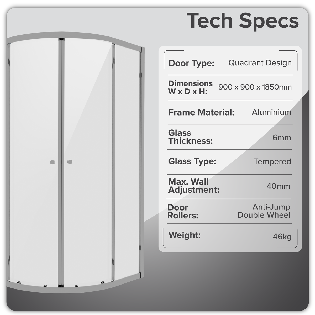 Baridi DH302 Quadrant Shower Entry Enclosure 900 x 900 x 1850mm with 6mm Tempered Glass - Chrome