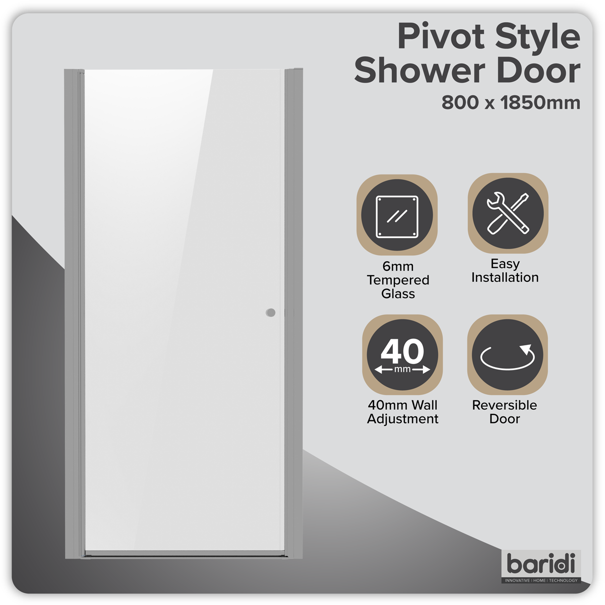 Baridi DH303 Pivot Shower Door 800 x 1850mm, 6mm Tempered Glass, Reversible - Chrome