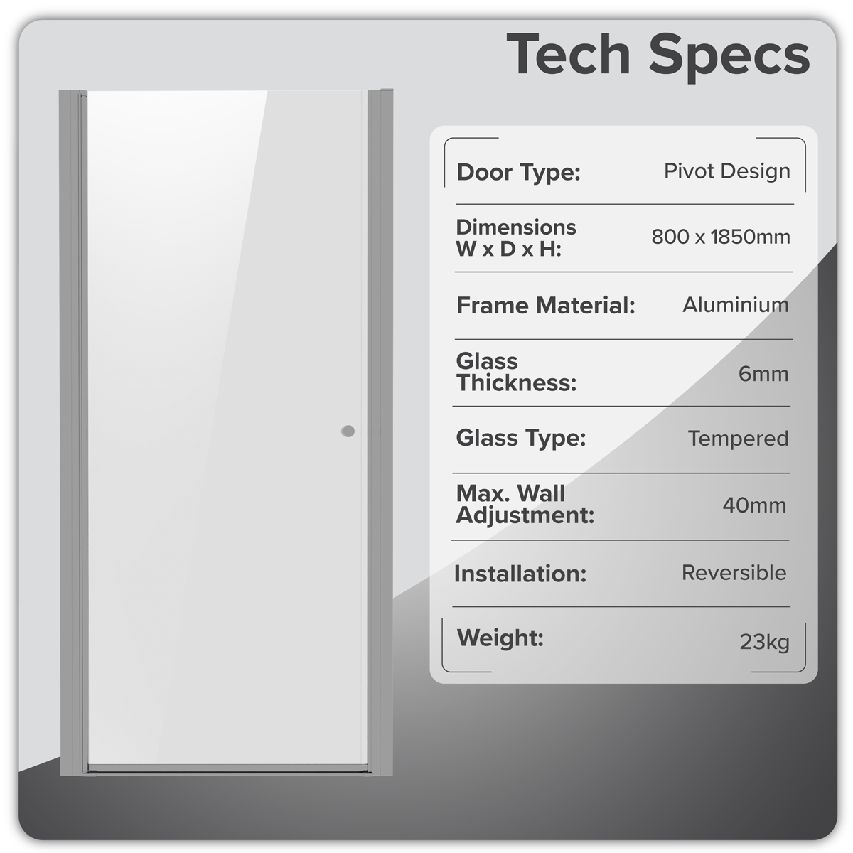 Baridi DH303 Pivot Shower Door 800 x 1850mm, 6mm Tempered Glass, Reversible - Chrome