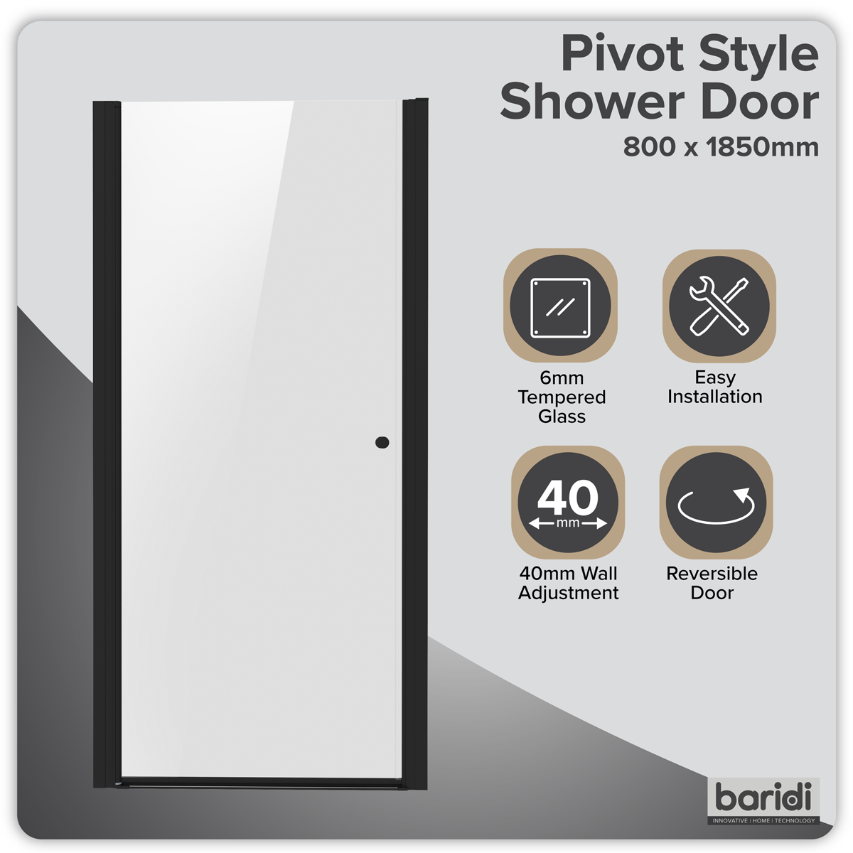 Baridi DH304 Pivot Shower Door 800 x 1850mm, 6mm Tempered Glass, Reversible - Black