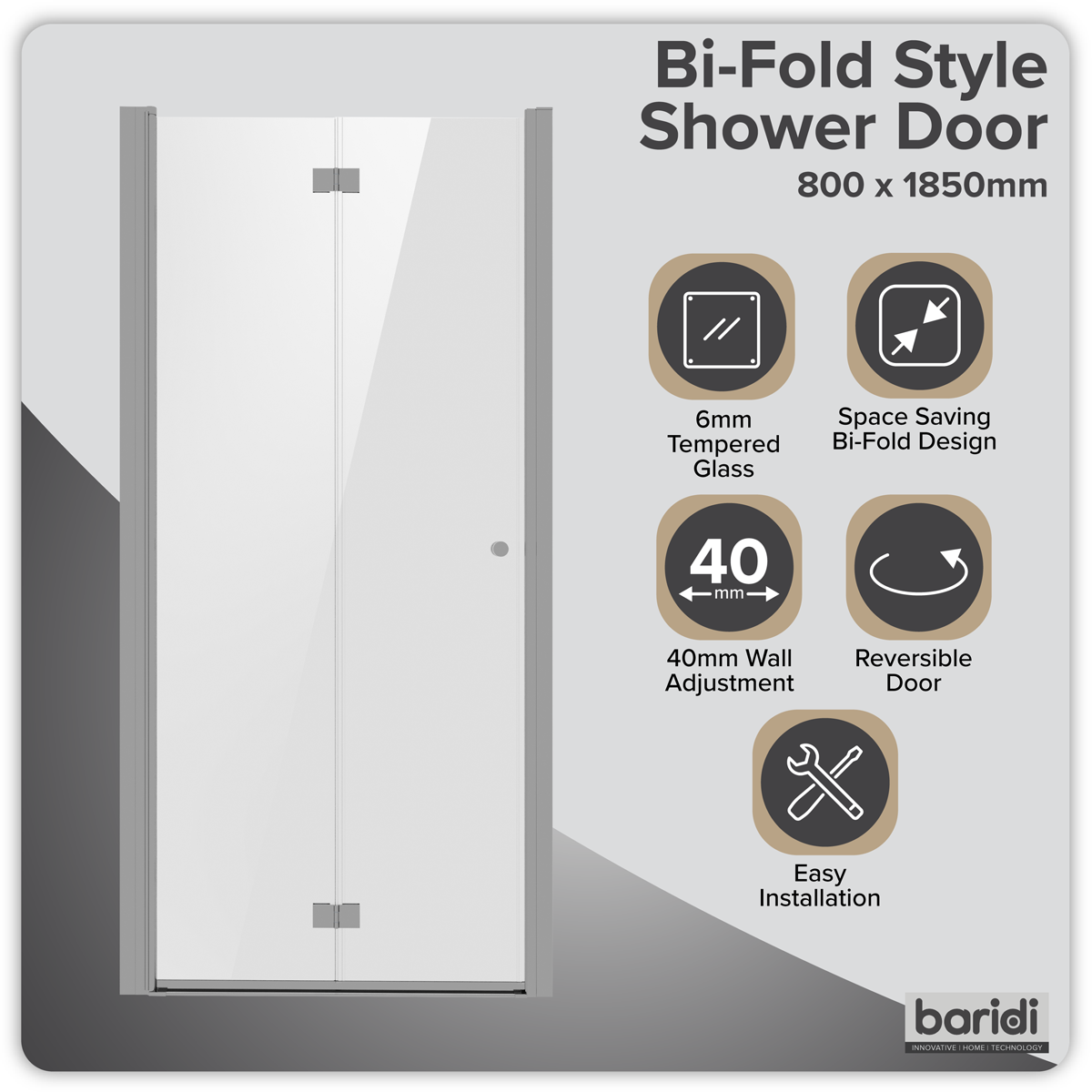 Baridi DH305 Bi-Fold Shower Door 800 x 1850mm, 6mm Tempered Glass, Reversible - Chrome