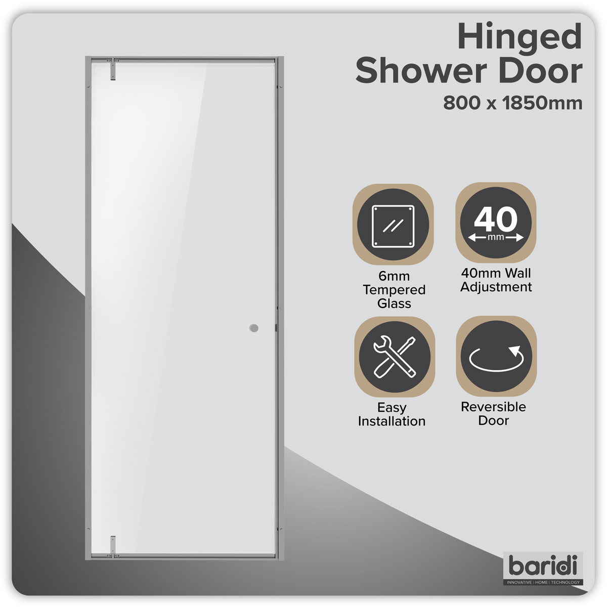 Baridi DH306 Hinged Shower Door 800 x 1850mm, 6mm Tempered Glass, Reversible - Chrome