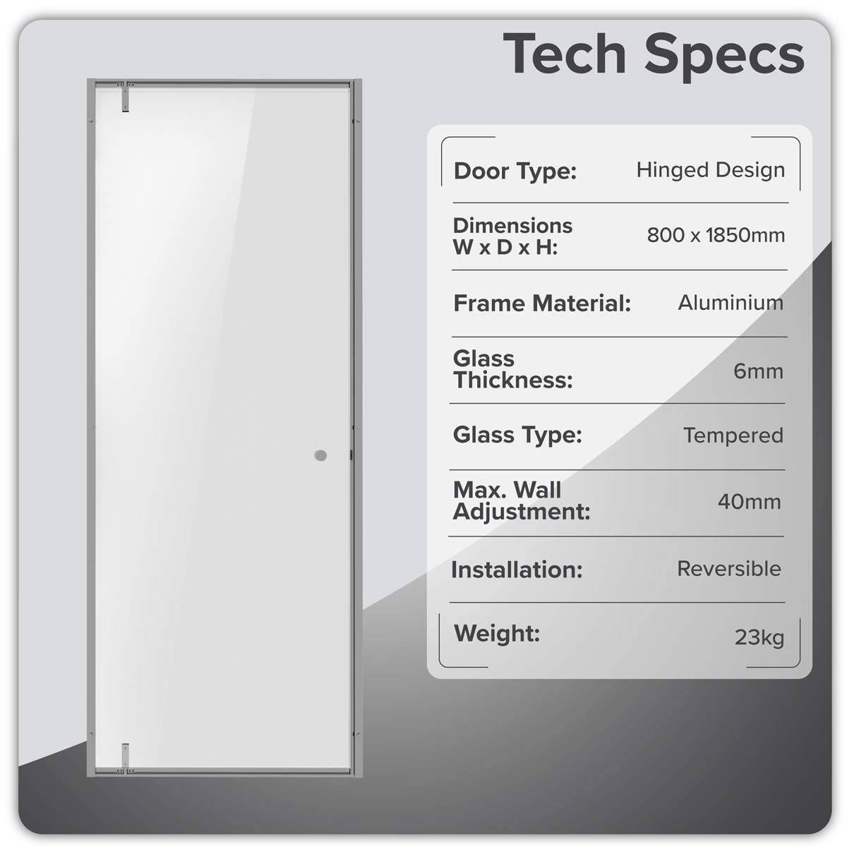 Baridi DH306 Hinged Shower Door 800 x 1850mm, 6mm Tempered Glass, Reversible - Chrome