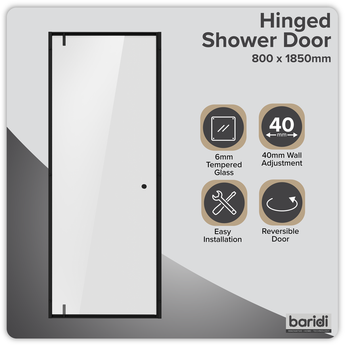 Baridi DH307 Hinged Shower Door 800 x 1850mm, 6mm Tempered Glass, Reversible - Black
