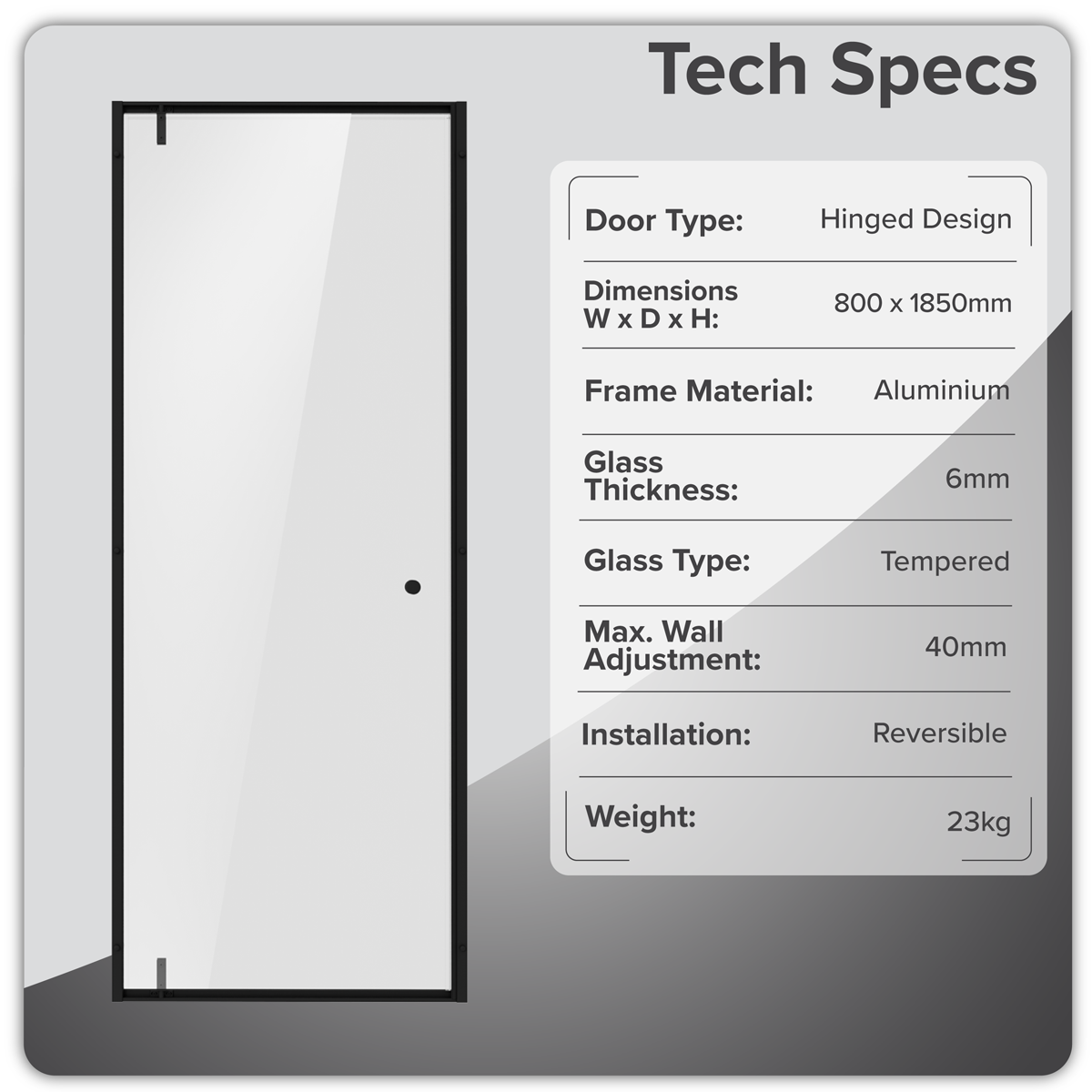 Baridi DH307 Hinged Shower Door 800 x 1850mm, 6mm Tempered Glass, Reversible - Black