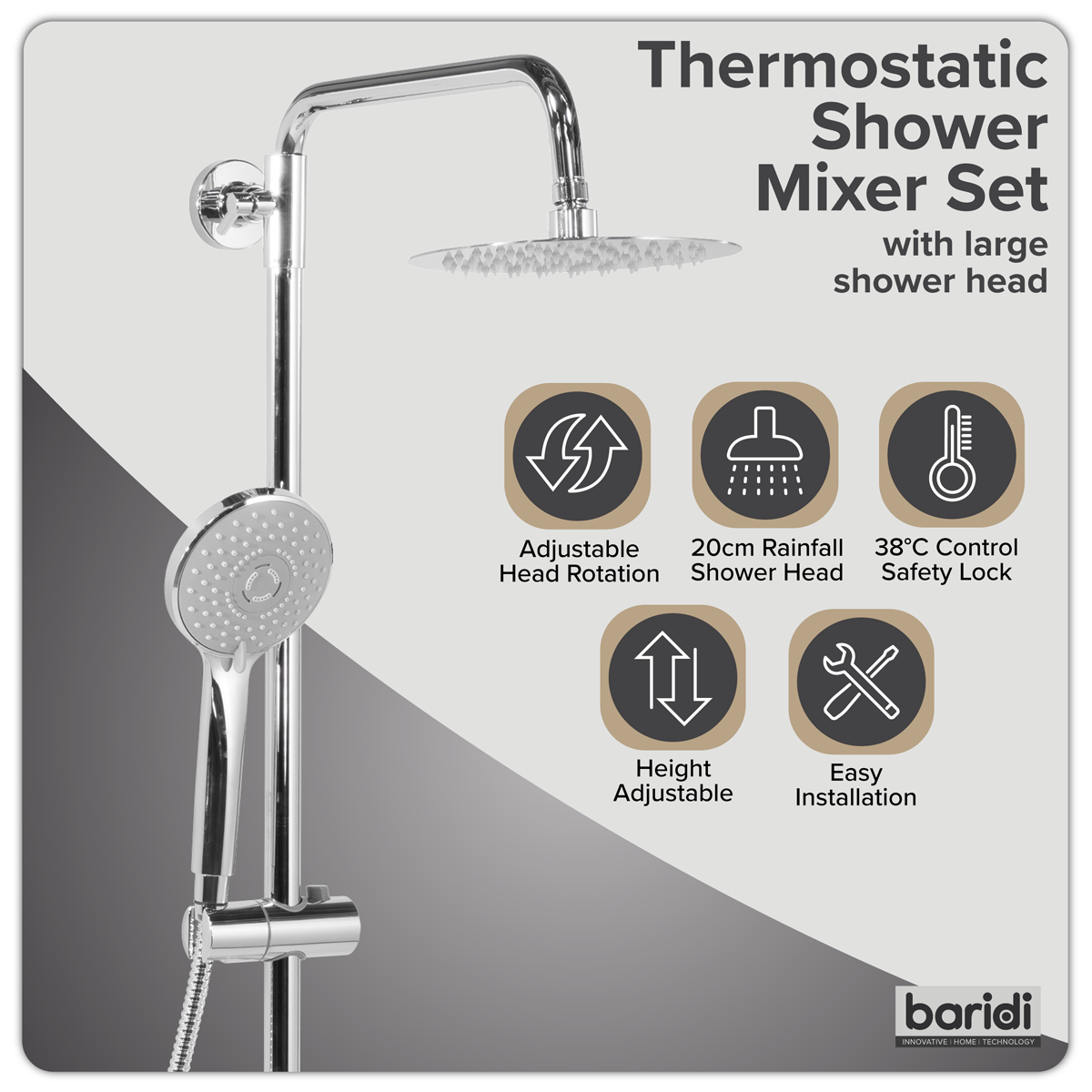 Baridi DH314 Thermostatic Shower Mixer Set, 20cm Round Head, Adjustable Rail - Chrome