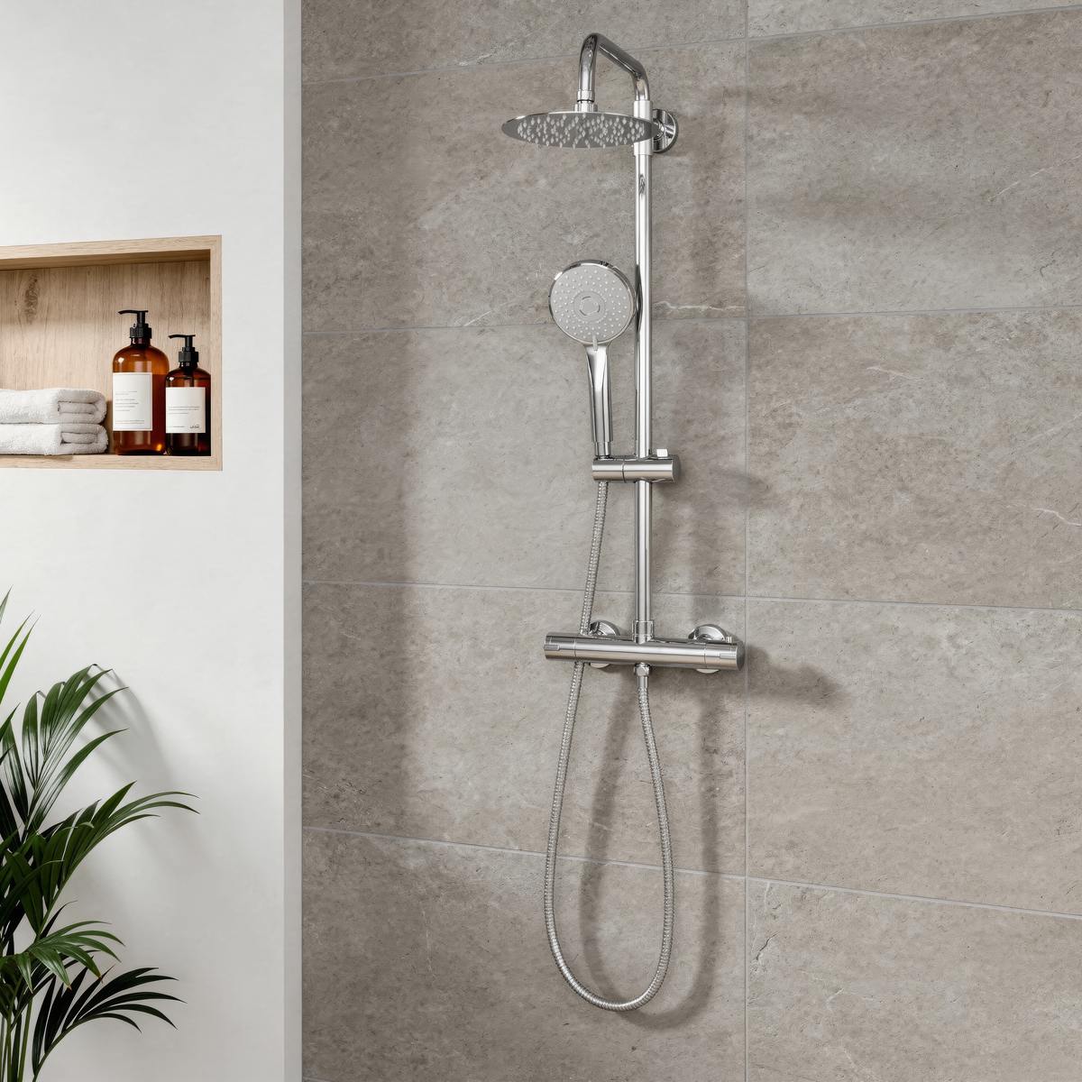 Baridi DH314 Thermostatic Shower Mixer Set, 20cm Round Head, Adjustable Rail - Chrome