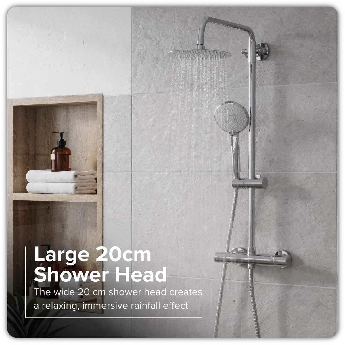 Baridi DH314 Thermostatic Shower Mixer Set, 20cm Round Head, Adjustable Rail - Chrome