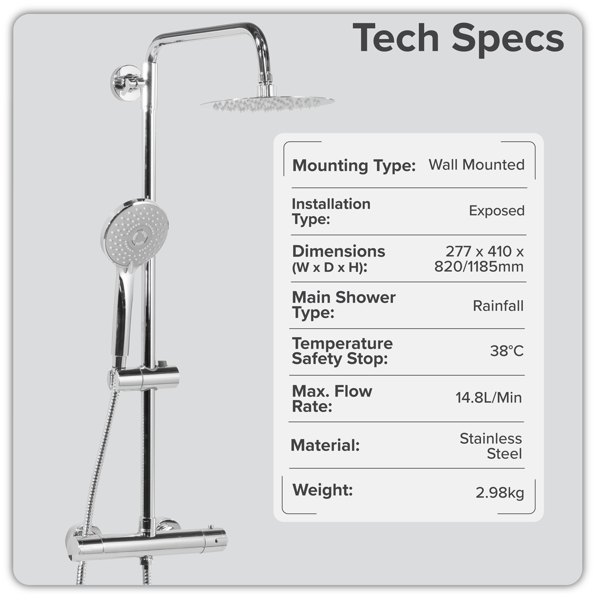 Baridi DH314 Thermostatic Shower Mixer Set, 20cm Round Head, Adjustable Rail - Chrome