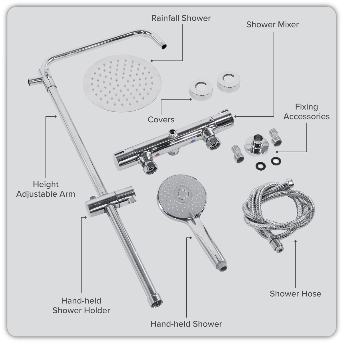 Baridi DH314 Thermostatic Shower Mixer Set, 20cm Round Head, Adjustable Rail - Chrome