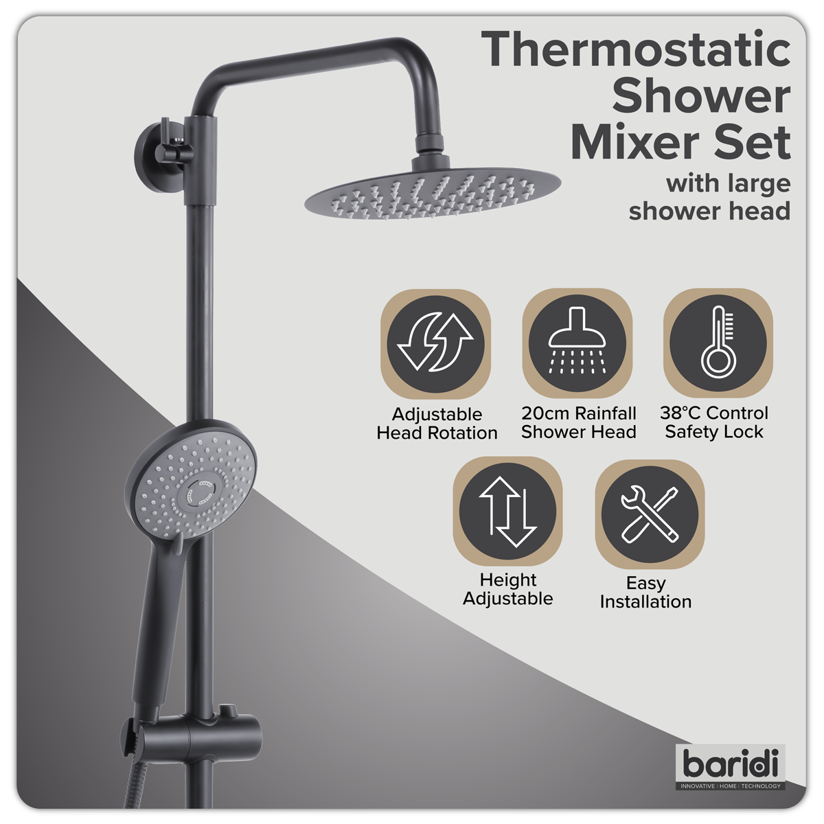 Baridi DH315 Thermostatic Shower Mixer Set, 20cm Round Head, Adjustable Rail - Black
