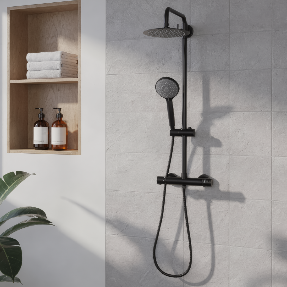 Baridi DH315 Thermostatic Shower Mixer Set, 20cm Round Head, Adjustable Rail - Black