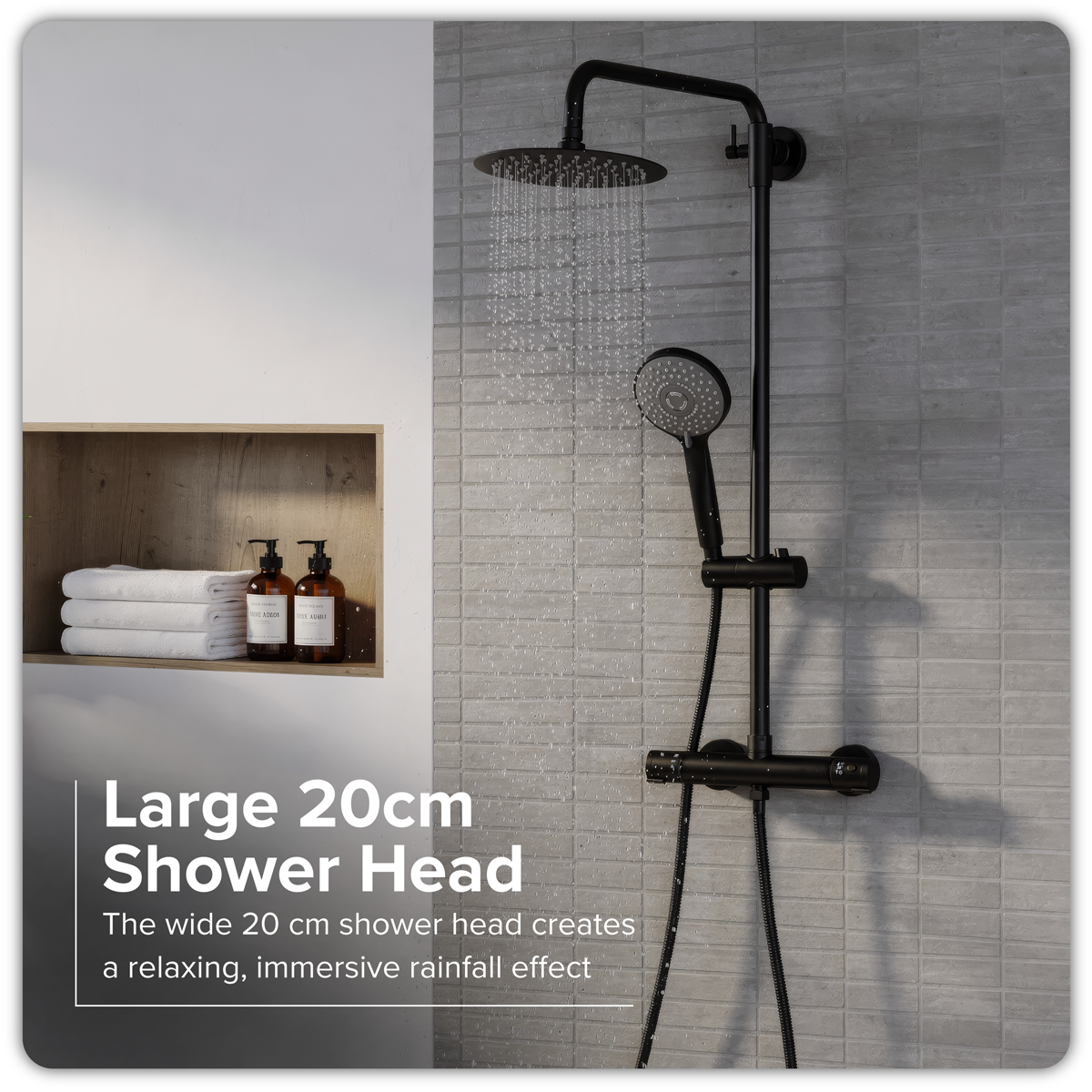 Baridi DH315 Thermostatic Shower Mixer Set, 20cm Round Head, Adjustable Rail - Black