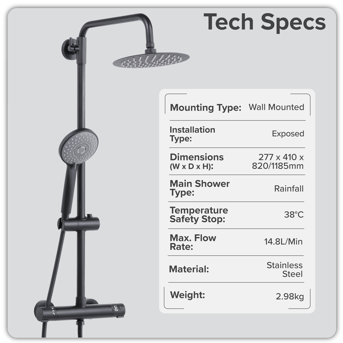 Baridi DH315 Thermostatic Shower Mixer Set, 20cm Round Head, Adjustable Rail - Black