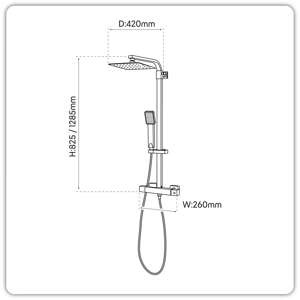 Baridi DH316 Thermostatic Shower Mixer Set, 20x20cm Square Head, Adjustable Rail - Chrome