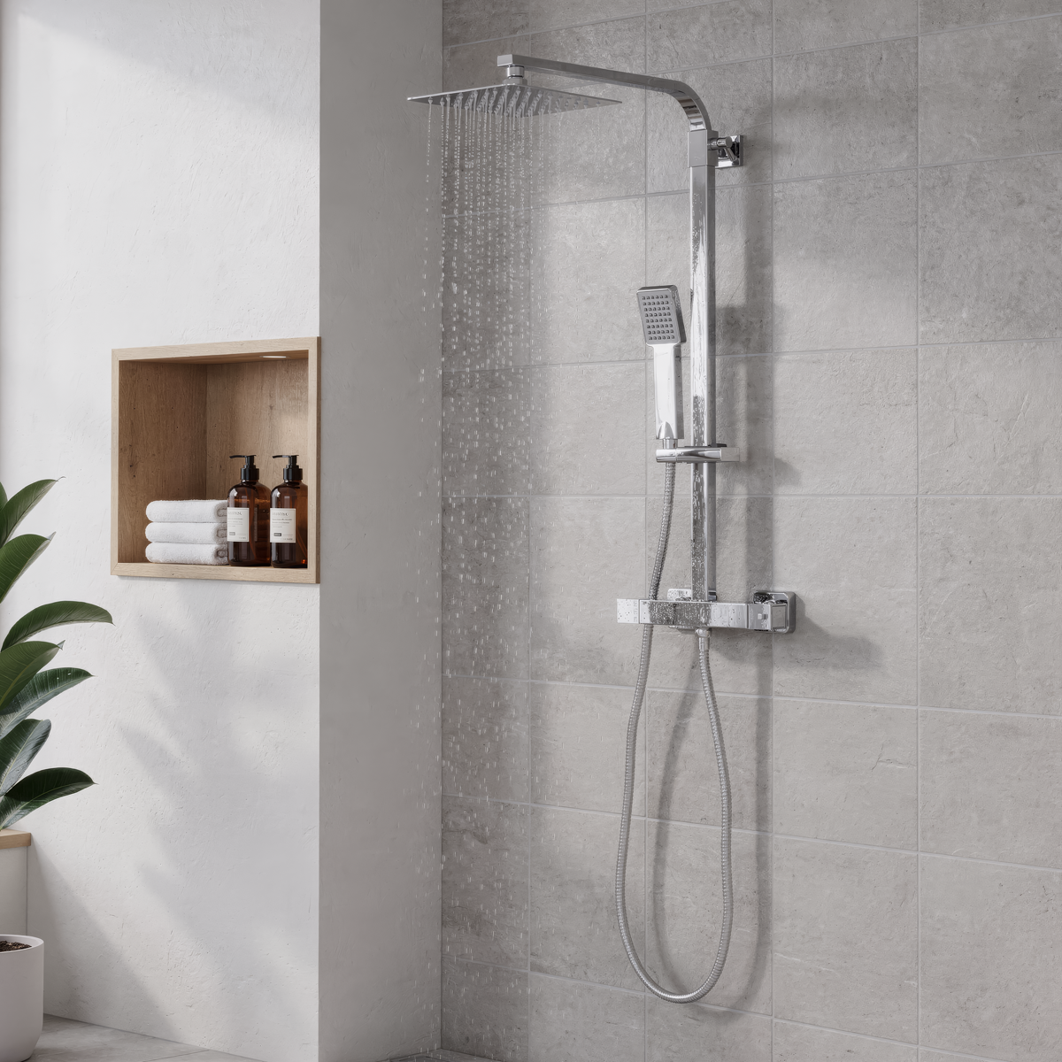 Baridi DH316 Thermostatic Shower Mixer Set, 20x20cm Square Head, Adjustable Rail - Chrome