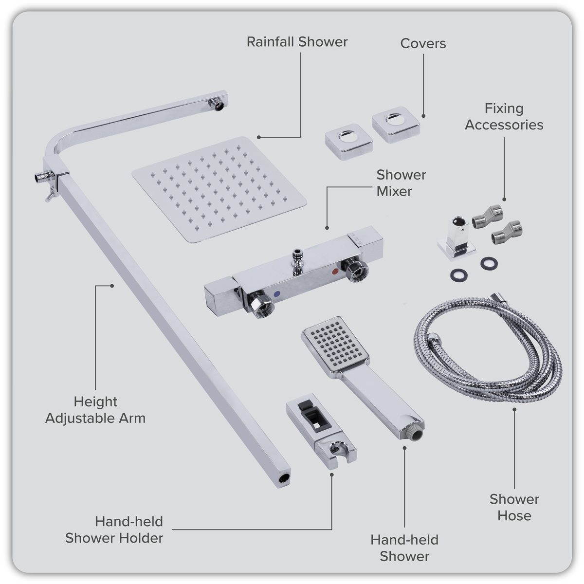 Baridi DH316 Thermostatic Shower Mixer Set, 20x20cm Square Head, Adjustable Rail - Chrome